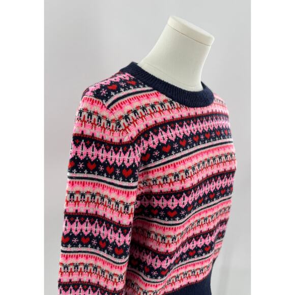 J Crew Fair Ise Sweater Navy Pink Heart Stripe Wool Knit Pullover M - Picture 3 of 9